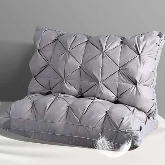 QUTOOL Luxury Hotel Goose Feather Pillow, 100% Cotton, Soft Support Pillow, Suitable for Sleepers on The Back, Sides, and Stomach, Set of 2 Queen Size Bed Pillows (16" x 28"), Gray