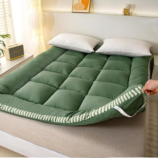 Thick Mattress Topper Twin Size - Non-Slip Mattress Pad Cover for Back Pain Breathable Folding Sleeping Pad Machine Washable Mattress Protector (39x75 inch,Green)