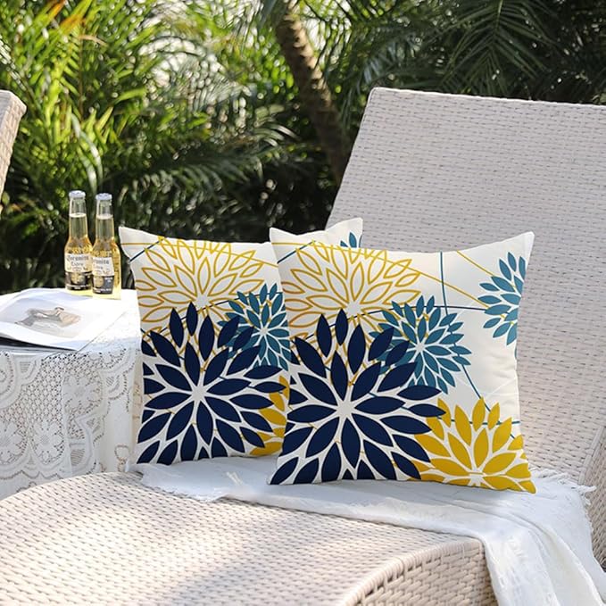 Blue Yellow Flower Pillow Covers 20x20 Inch Set of 2 Outdoor Throw Pillows Outdoor Waterproof Decor for Living Room Sofa Patio Funiture Garden Floral Polyester Pillow Covers 01P20