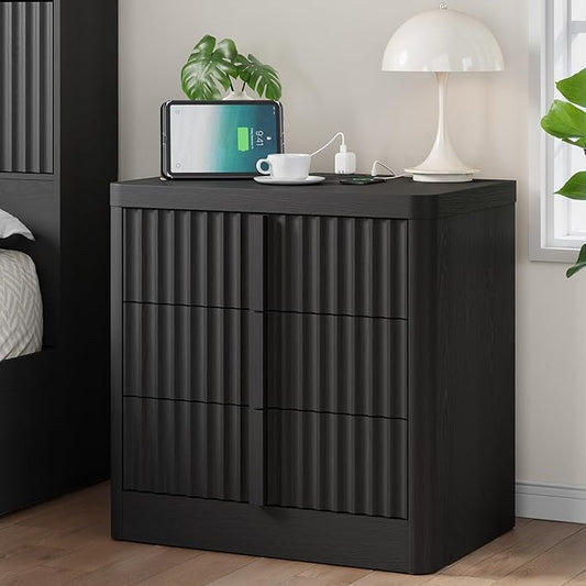 Fluted Night Stand with Charging Station, 23.6" Nightstand with Solid Wood Handle, Mid Century Moden Bedside Table End Table 3 Drawer Dresser for Bedroom, Living Room, Black