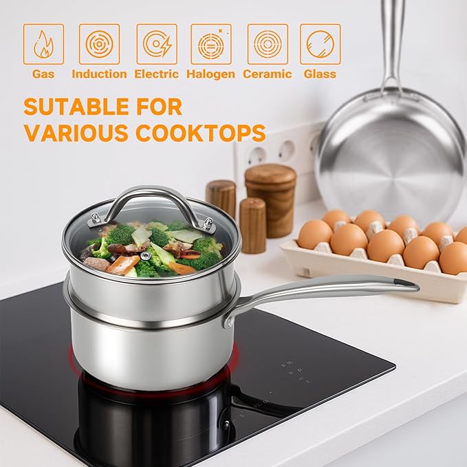 Ohtomber Stainless Steel Sauce Pan - Tri-Ply 1.5 Quarts Steamer for Cooking, Small Cooking Pot with Steamer Basket, Sauce Pan with Lid, Non Stick Saucepan, Induction Steam Pot for Vegetable, Oatmeal