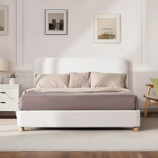 Queen Size Boucle Bed Frame, Upholstered Cloud Bed Frame with Adjustable Headboard, Solid Wood Legs, Rounded Corners Design & Easy Assembly – Modern Platform Bed,Cream
