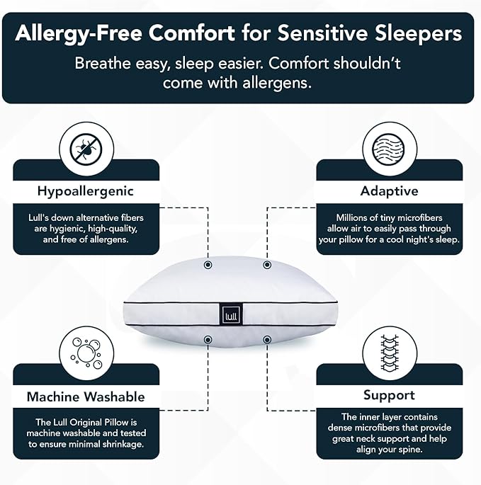 Original Lull Pillow | Machine Washable & Hypoallergenic Pillow w/Adaptive Fibers for Neck & Spine Support, 100 Night Trial (King)