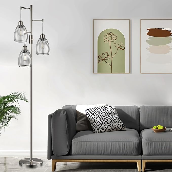 Dimmable Floor Lamp, Metal, 3 x 800LM LED Edison Bulbs Included, Industrial Floor Lamp Standing Tree Lamp with Elegant Teardrop Cage Heads Tall Lamps for Living Room Bedroom-Brushed Nickel