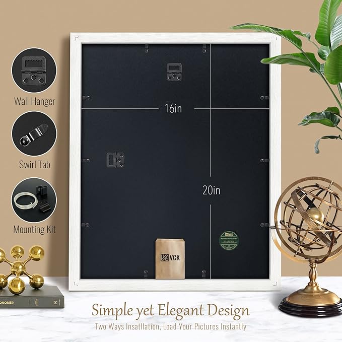 VCK 16x20 Poster Frame with Exclusive White Woodgrain, Solid Wood Picture Frames for Wall - 2 pack