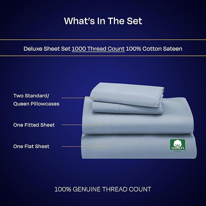 California Design Den Bed Sheets Queen Size Set - Luxury 1000 Thread Count Sateen, Thick and Natural 100% Cotton Bed Sheet, Deep Pockets, Soft, Breathable and Durable Bedding Set - Blue