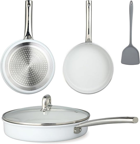 FAB&DELUXE Nonstick Cookware Set,5 Pcs Nonstick Pots and Pans, Aluminum Cooking Set with Glass Lids, Non-toxic Healthy Kitchen Cookware Sets, All Stovetops Compatible, PFAS and PFOA Free