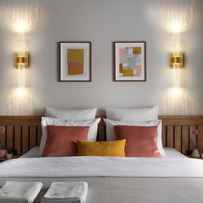 Gold Wall Sconces Set of Two - Modern Crystal Sconces Wall Lighting 12W 4000K LED Wall Sconce Dimmable Indoor Wall Light Fixtures for Bathroom Bedroom Living Room Hallway, 18 Inch