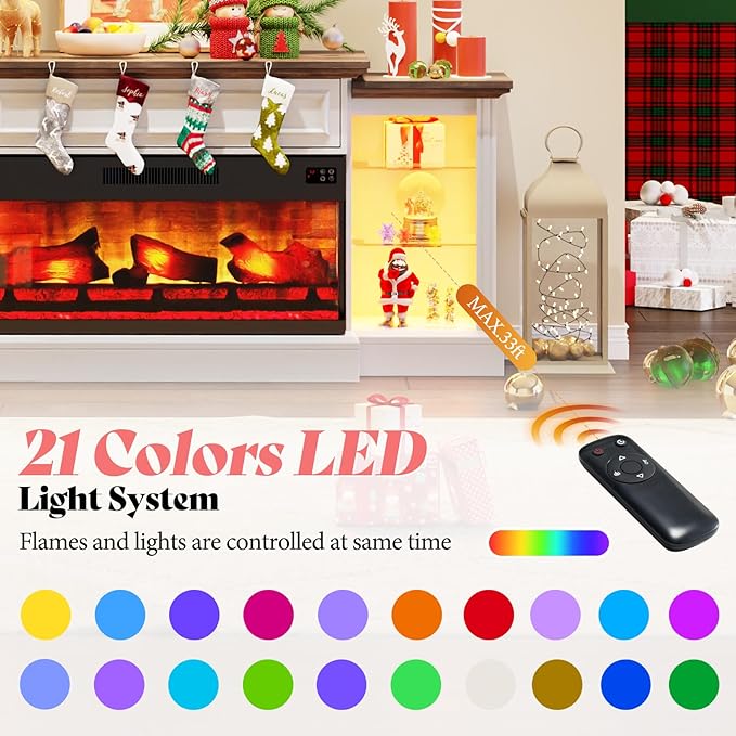 AMERLIFE 60" Electric Fireplace with Mantel, Farmhouse 3-Sided Fireplace TV Stand for TVs up to 65 Inch, Entertainment Center with Adjustable Shelves & LED Light, Distressed White