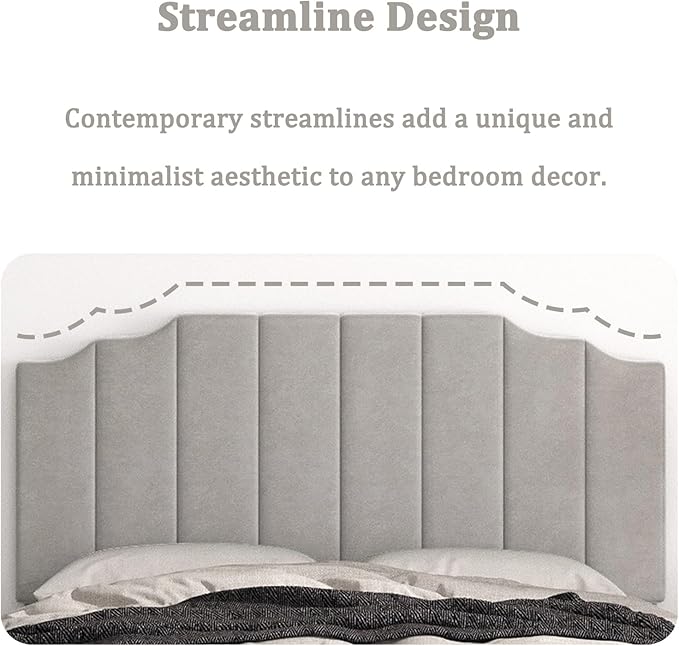Queen Size Headboard Only, Velvet Wall Mounted Headboard Queen Size for Adjustable Bed, Modern Vertical Channel Design with Curved Tufted Upholstered Head Board and Luxury Soft Padded, Gray