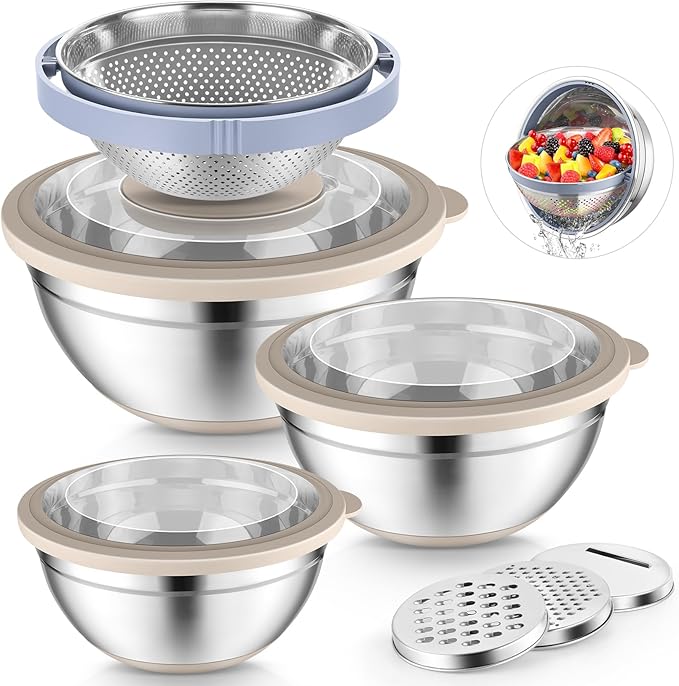 P&P CHEF Mixing Bowls with Lids Set of 3, Stainless Steel Mixing Bowl and Colander for Kitchen, 3 Grater Attachments & Non-Slip Bottoms, Visible & Airtight Lid, Khaki