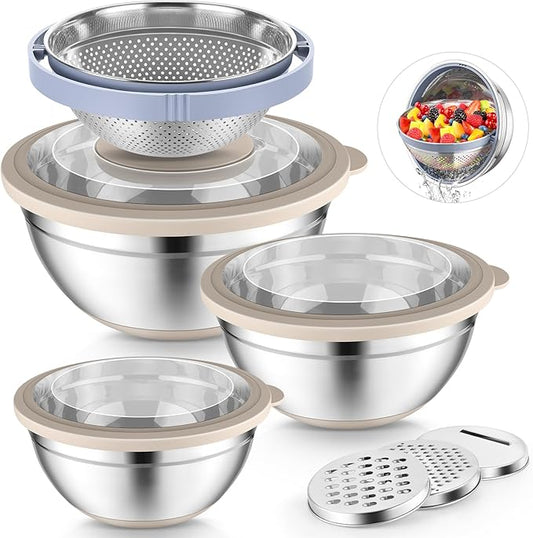 P&P CHEF Mixing Bowls with Lids Set of 3, Stainless Steel Mixing Bowl and Colander for Kitchen, 3 Grater Attachments & Non-Slip Bottoms, Visible & Airtight Lid, Khaki