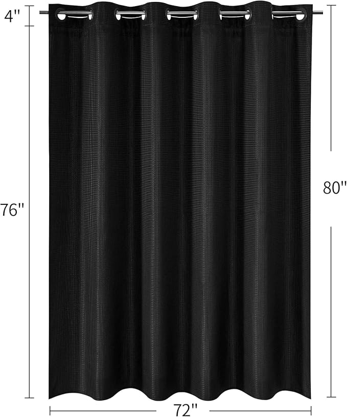 MitoVilla Black Waffle Long Shower Curtain 72 x 80, No Hooks Needed 80 inch Long Heavyweight Fabric Shower Curtain Set with Snap-in Liner for Hotel Grade Spa-Like Bathroom Decor