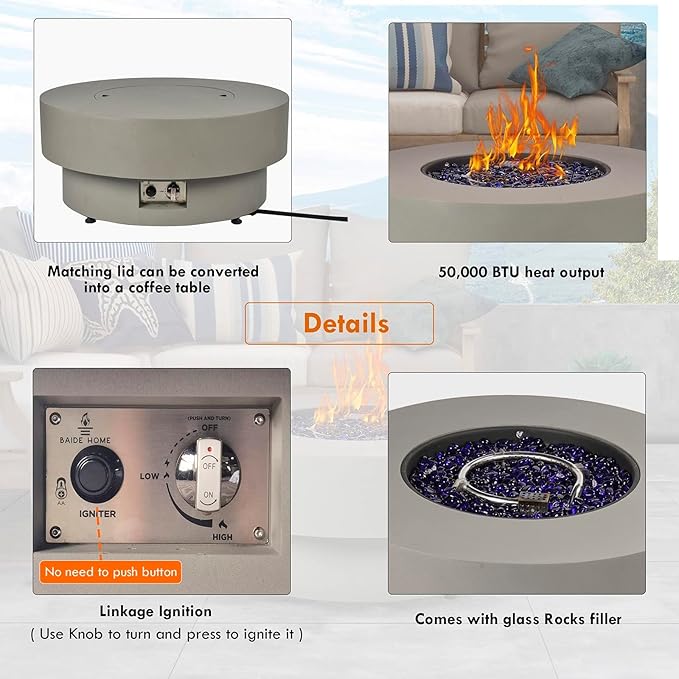 Propane Outdoor Fire Pit Table with Wind Glass Shield, Flint & Concrete Look 32.5-inch Round Patio Gas Fire Table 50,000 BTU w/Lid, Fire Glass, Cover, Pre-Attached 10ft Propane Hose