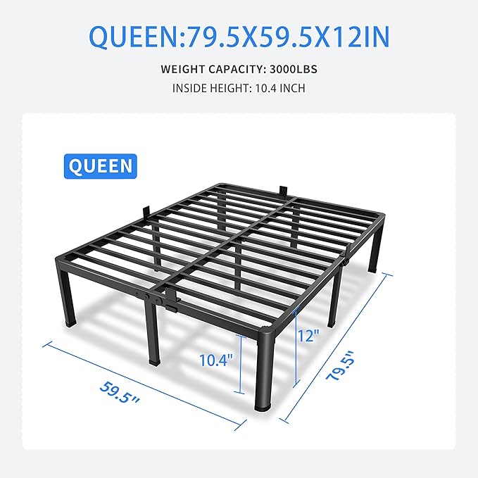 MAF 12 Inch Queen Metal Platform Bed Frame with Round Corner Legs, Mattress Slide Stopper, 3000 LBS Heavy Duty Steel Slats Support, No Box Spring Needed, Noise Free
