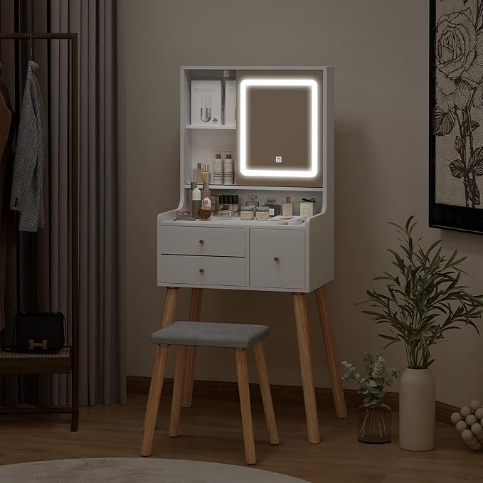 YOURLITE Small Vanity Desk with Mirror and Lights,Makeup Vanity Table with Chair and Drawers for Small Space, Compact Dressing Table with Sliding Door for Bedroom