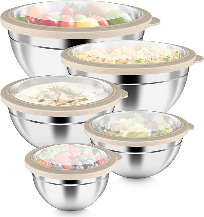 P&P CHEF Mixing Bowl with Visible Airtight Lid Set of 5, 10-Piece Stainless Steel Nesting Salad Bowl Set for Prepping, Mixing and Serving, Size 4.6, 3, 1.5, 1, 0.7 QT, Rimmed Edges & Flat Base, Khaki