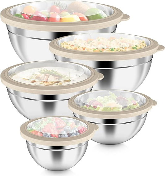 P&P CHEF Mixing Bowl with Visible Airtight Lid Set of 5, 10-Piece Stainless Steel Nesting Salad Bowl Set for Prepping, Mixing and Serving, Size 4.6, 3, 1.5, 1, 0.7 QT, Rimmed Edges & Flat Base, Khaki