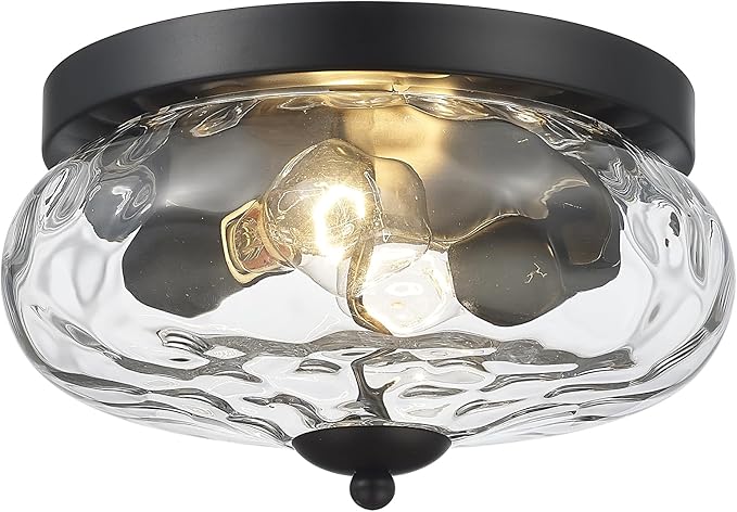 Darkaway Ceiling Light Fixtures Flush Mount Indoor Outdoor Ceiling Light with Water Ripple Glass Shade for Hallway Kitchen Bedroom Porch Living Room Black Finish