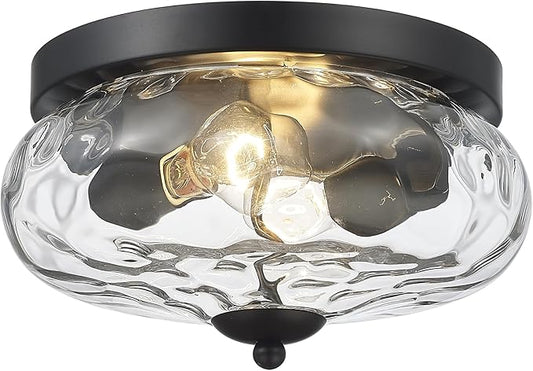 Darkaway Ceiling Light Fixtures Flush Mount Indoor Outdoor Ceiling Light with Water Ripple Glass Shade for Hallway Kitchen Bedroom Porch Living Room Black Finish