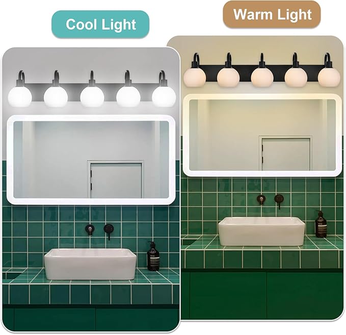 37 Inch Bathroom Light Fixtures, 5-Lights Black Vanity Light with Milk White Globe Glass Shade, Bath Vanity Wall Mounted Lighting Over Mirror for Kitchen