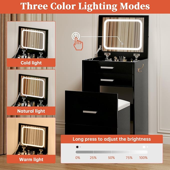 Compact Vanity with 3 Drawers, 3 in 1 Vanity Desk, Makeup Desk with Flip-up 3 Colors Lighting Mirror and Cushioned Stool, Small Vanities Nightstand Perfect for Bedroom, Black