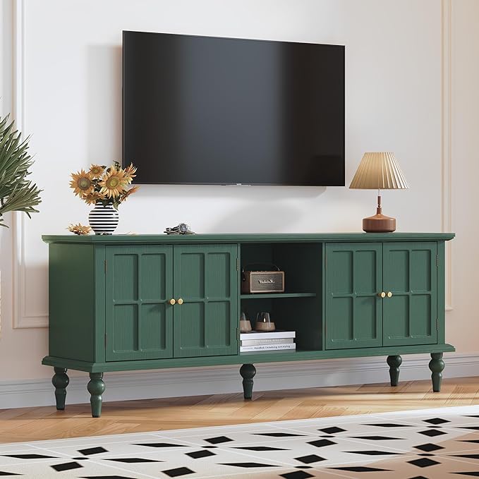 3More 67" Mid Century Modern TV Stand with Window Design,Wood Entertainment Center with Open Shelf,Up to 70" Media TV for Living Room or Bedroom,Green