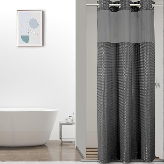 Colorful Star No Hook Waffle Shower Curtain with Snap in Fabric, Waterproof Shower Curtains with See Through Top Window, Small Stall Bathroom Curtain and Liner Set, 36'' x 75'', Charcoal Grey