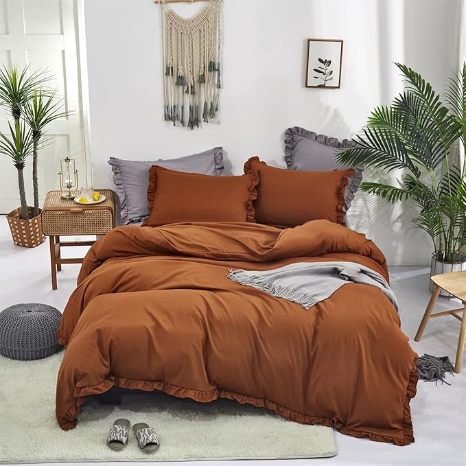 Luxlovery Pumpkin Color Ruffle Comforter Set Queen Farmhouse Rust Bedding Comforter Set Full Shabby Chic Solid Terracotta Blanket Quilts Vintage Bedding Set Women Men Adults