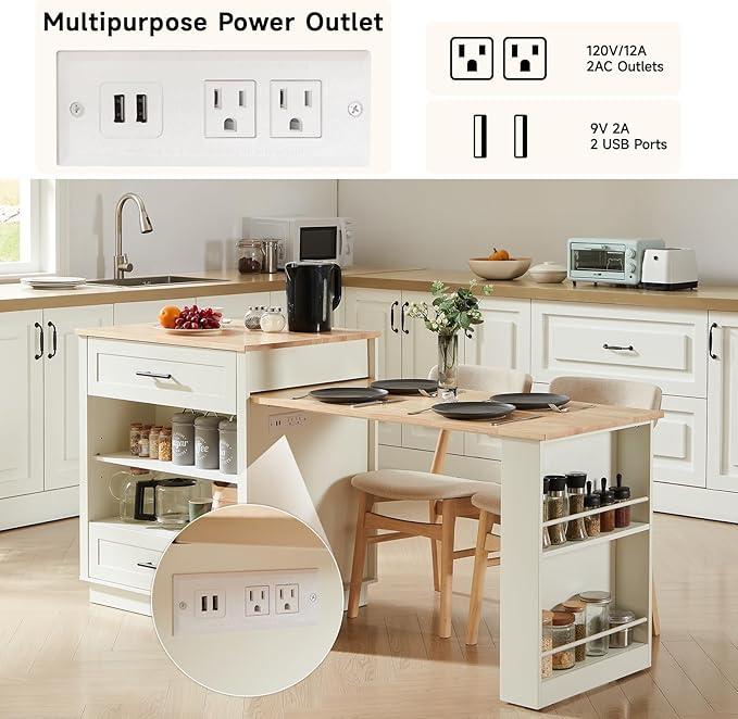 76" Kitchen Islands with Extendable Dining Table, 2-6 Island Table for Kitchen, Mobile Kitchen Table with Double-Side Storage, Kitchen Island on Wheels with Power Outlet & Spice Rack, White