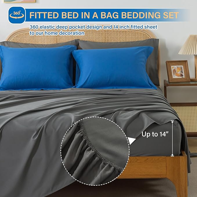 Cosybay Bed in a Bag King Comforter Sets 7pcs All Season Solid Down Alternative Bedding Sets Blue and Grey with Comforter, Pillow Shams, Flat Sheet, Fitted Sheet and Pillowcases