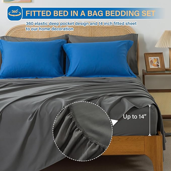 Cosybay Bed in a Bag Full Comforter Sets 7pcs All Season Solid Down Alternative Bedding Sets Blue and Grey with Comforter, Pillow Shams, Flat Sheet, Fitted Sheet and Pillowcases