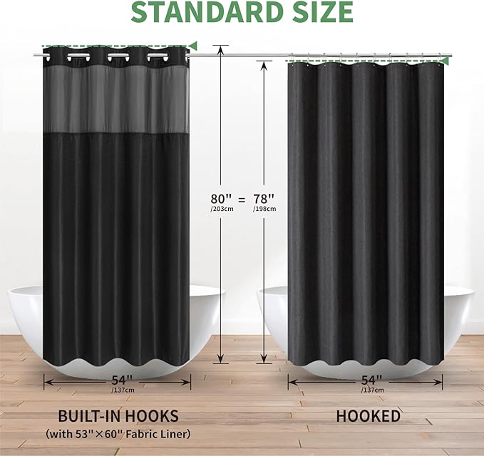 Stall No Hook Shower Curtain with Snap-in Fabric Liner Set,Waffle Weave Shower Curtains for Bathroom,Hotel Luxury Decor Bathroom Curtain Set,Waterproof & Washable,Black,54Wx80H