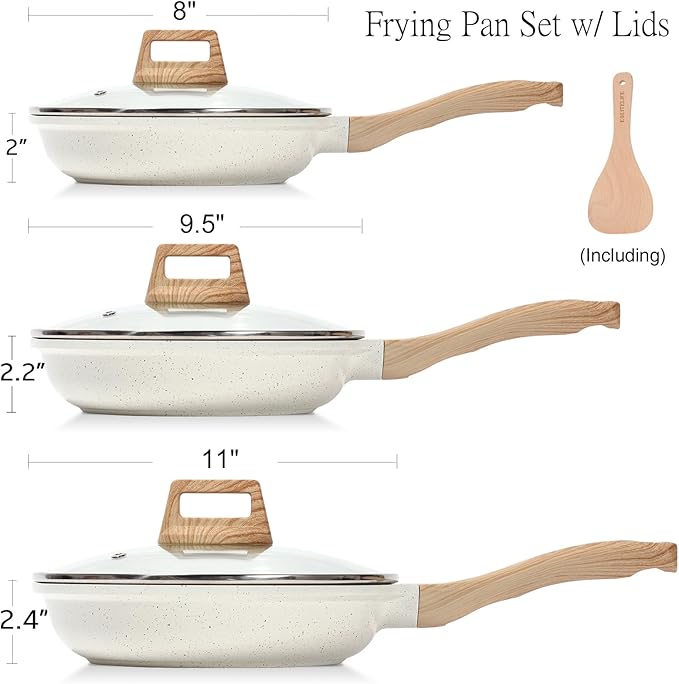 ESLITE LIFE Nonstick Ceramic Frying Pans Skillets Set with Lids, Non-Toxic Egg Omelette Kitchen Cooking Pans Compatible with All Stovetops (Gas, Electric & Induction), PTFE & PFOA Free (White)