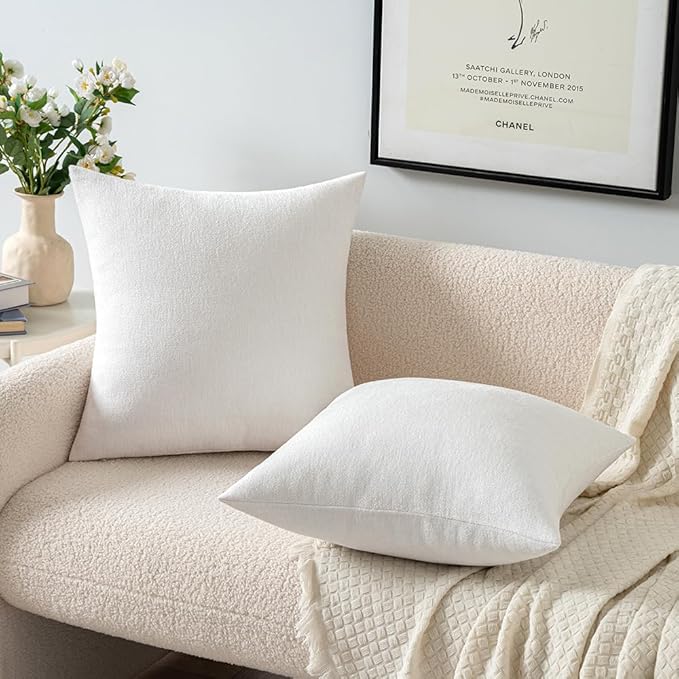 MIULEE Pack of 2 Pure White Decorative Pillow Covers 20x20 Inch Soft Chenille Couch Throw Pillows Farmhouse Cushion Covers for Home Decor Sofa Bedroom Living Room