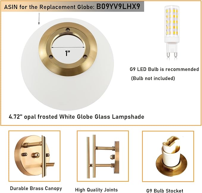 Gold Globe Wall Sconce, 7.5" W x 20" H, G9 Base, Compatible with LED or Halogen Bulbs, Perfect for Bathroom, Kitchen, Living Room, Home Office, Lobby, Bedroom