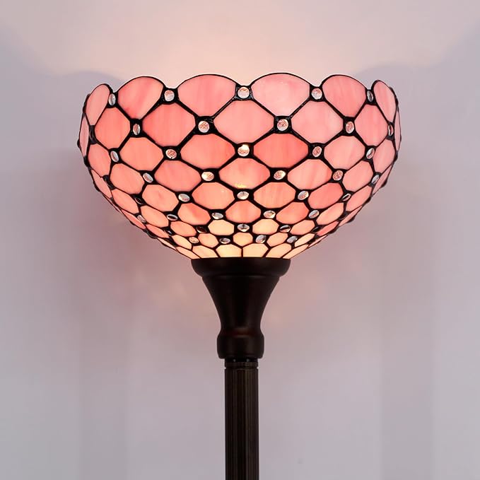 WERFACTORY Tiffany Floor Lamp Pink Stained Glass Pearl Bead Light 12X12X66 Inches Torchiere Standing Corner Torch Uplight Decor Bedroom Living Room Home Office S005P Series