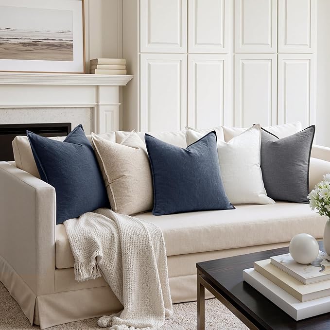 MIULEE Decorative Linen Pillow Covers 18x18 Inch Indigo Blue Boho FarmhouseNeutral Couch Throw Pillows for Bed Pack of 2 Accent Coastal Modern Pillowcase Summer Sofa Livingroom Home Decor