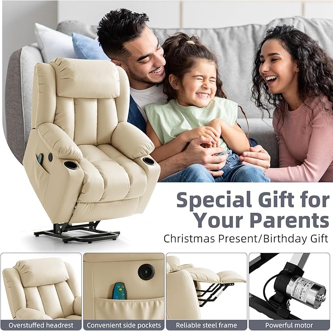 Power Lift Recliner Chair for Elderly, Electric Recliner Chairs for Adults with Massage and Heat, Cup Holders, Remote Control, USB Ports, Side Pockets, Leather (Cream)