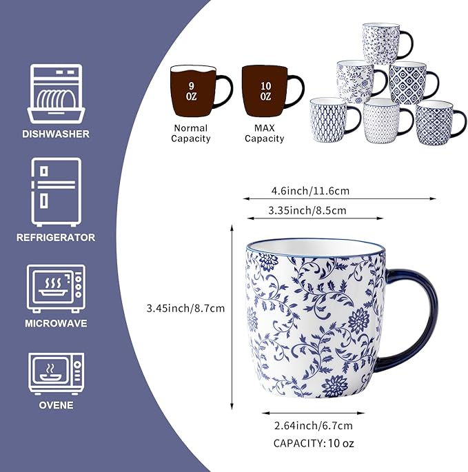 Ceramic Coffee Mugs Set - 10 OZ Large Porcelain Tea Cups with Handle for Milk Cappuccino Latte Cocoa Tea - Microwave Dishwasher Safe - Christmas Housewarming Gift -Set of 6 - Vintage Blue