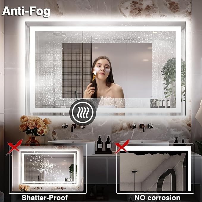 60"x40" LED Mirror for Bathroom, Front and Backlit, Anti-Fog Vanity Mirror with Lights, Stepless Dimmable Lit, 3 Colors Smart Mirror (Horizontal/Vertical)