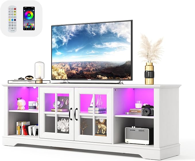 LINSY HOME TV Stand for 75 Inch TV, 68" Long Entertainment Center with LED Lights and Glass Door Storage Cabinet, Modern Farmhouse Wood TV Console Table for Living Room, Bedroom, White