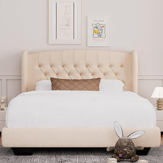 Rosevera Upholstered Queen Bed Frame with Adjustable Tufted Headboard,Classic Solid Wood Bed Frame with Wingback Headboard for Bedroom,Beige (Beige, Queen (U.S. Standard))