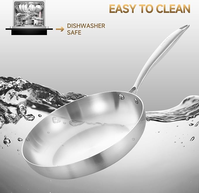 Inqibee 8.5 Inch Tri-Ply Stainless Steel Frying with Lid,Small Skillet,Induction Cooking Pan,Dishwasher and Oven Safe