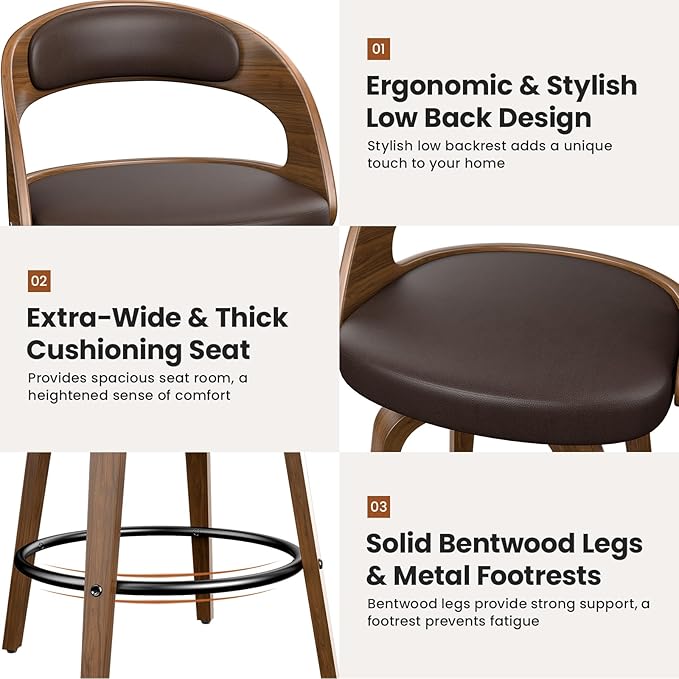 Swivel Bar Stools Set of 8, 26" Counter Height Bentwood Barstool, Mid-Century Modern PU Leather Upholstered Bar Chair with Back and Footrest, for Kitchen Island, Bar, Cafe, Dining Room, Brown