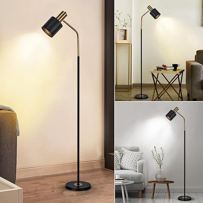 O'NEELDY Modern Industrial Floor Lamp 65" Black Standing Lamp, Black and Gold with 360° Adjustable Lampshade, 12W E26 Bulb Included, Floor Lamp for Living Room, Bedroom, Office