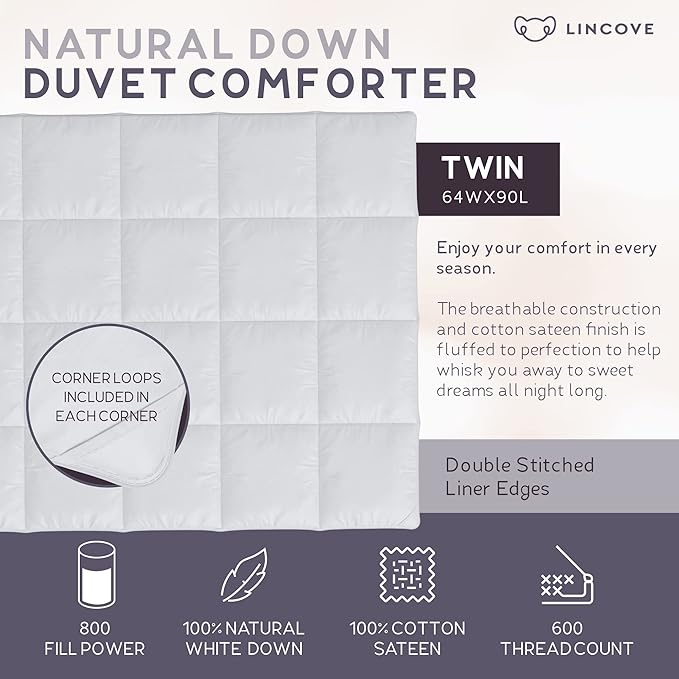 Lincove Canadian Down Comforter – Extremely Soft and Lightweight Duvet Insert – Corner Loops in Each Corner, 600 Thread Count - 100% Cotton Sateen Shell, Twin