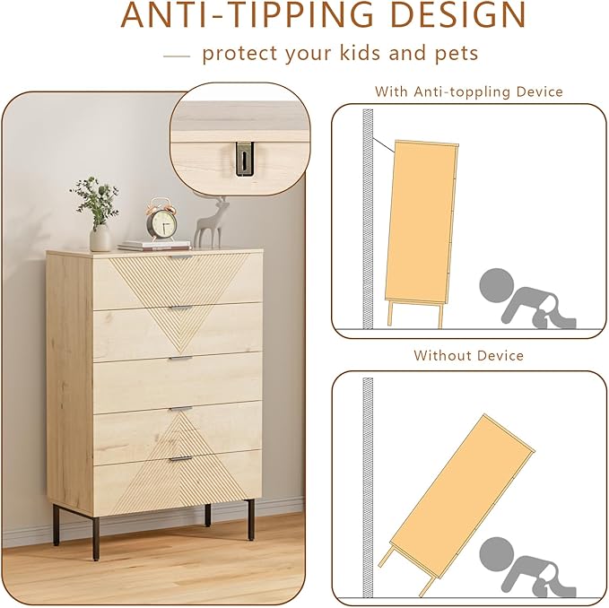 5 Drawer Dresser for Bedroom, Fluted Tall Dresser for Closet, Wooden Chest of Drawers for Living Room, Hallway