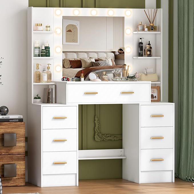 Vanity Desk with Mirror and Lights, Big Makeup Vanity Table Set with Drawers, White Vanity with Lighted Mirror for Bedroom, Dressing Table for Teen Girls and Adult Women, Gold