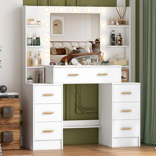 Vanity Desk with Mirror and Lights, Big Makeup Vanity Table Set with Drawers, White Vanity with Lighted Mirror for Bedroom, Dressing Table for Teen Girls and Adult Women, Gold